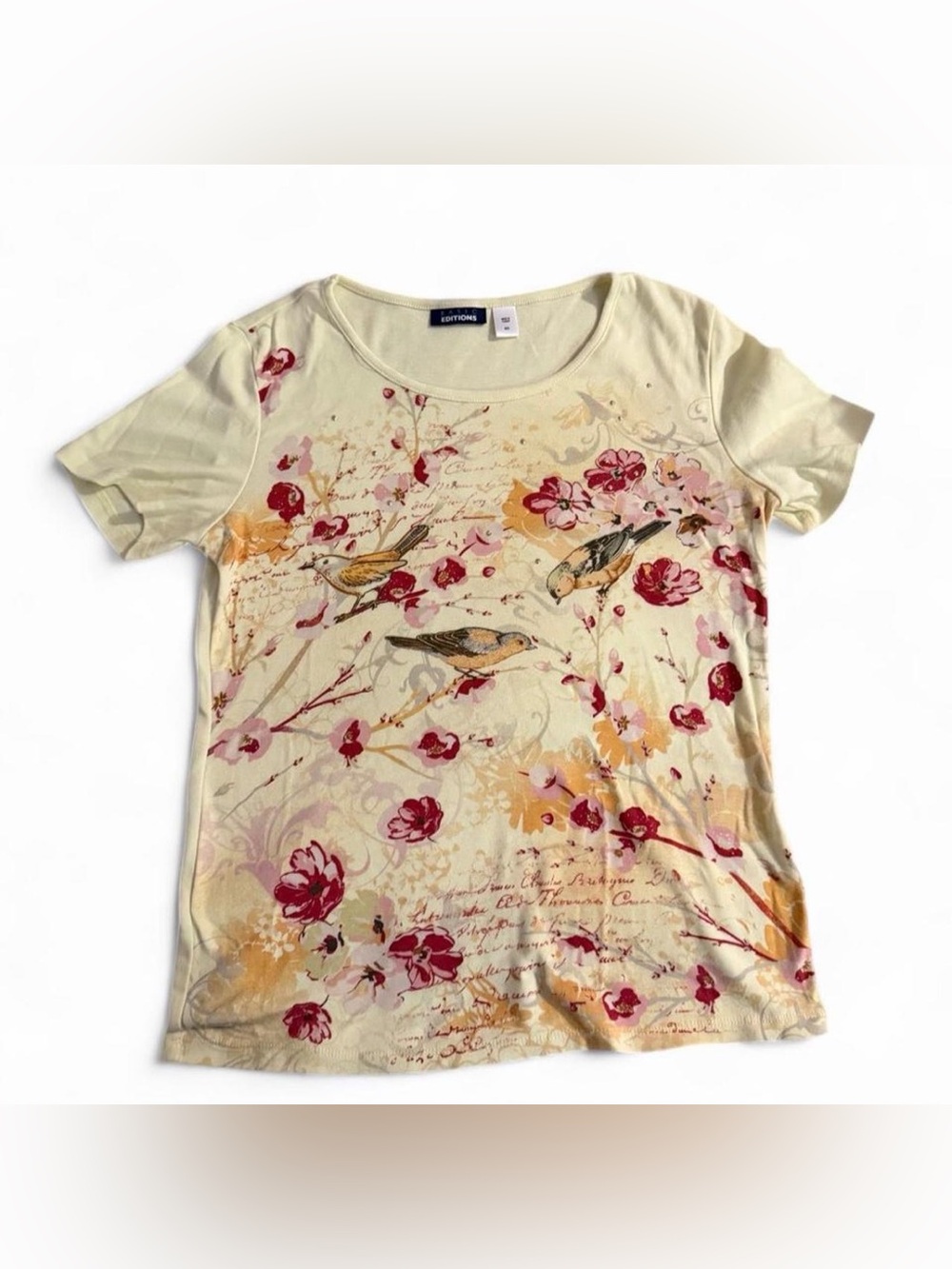 Light Yellow Floral Bird Print Tee